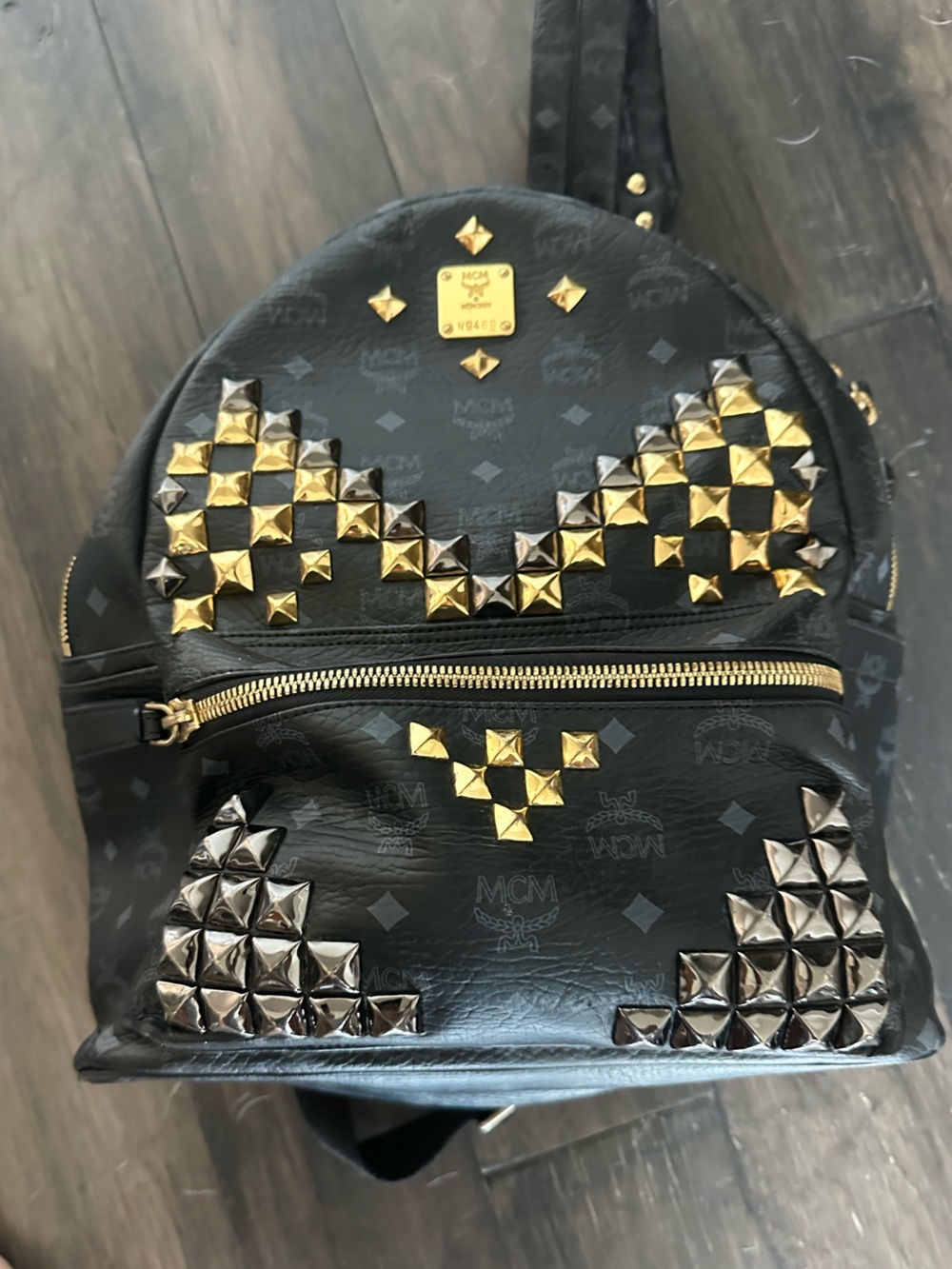 MCM Black Logo Leather Backpack with Gold & Silver Studs
